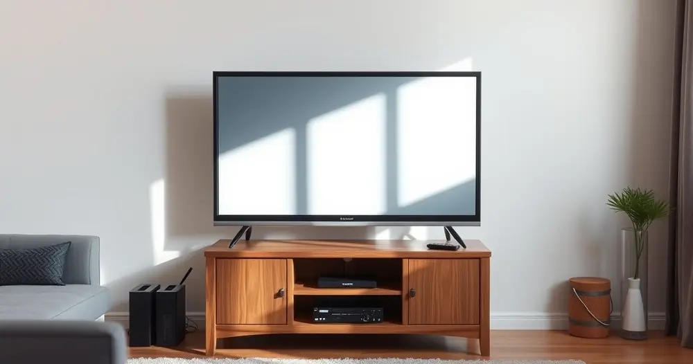 televisão de tela plana antiga sobre rack de madeira na sala